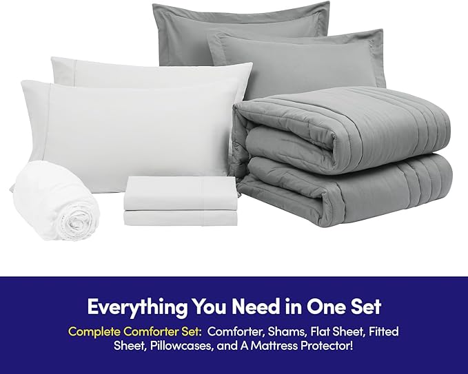 Full Size Comforter Set Quilted Stripe Bedding Bundle – Comforter, Mattress Protector, Sheets with Pockets on the Side & Built-in Corner Strap – Fitted Sheet Media Pocket for Devices, Gray/Silver