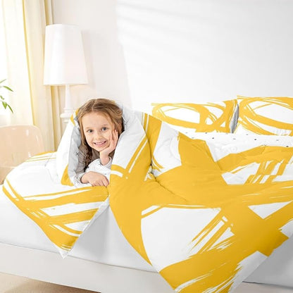 Erosebridal Yellow and White Striped King Bedding Set for Kids Teens Adults, Geometric Striped Comforter Set for Minimalists,Graffiti Aesthetic Lines Duvet Insert,Contemporary Boho Modern Art Quilt