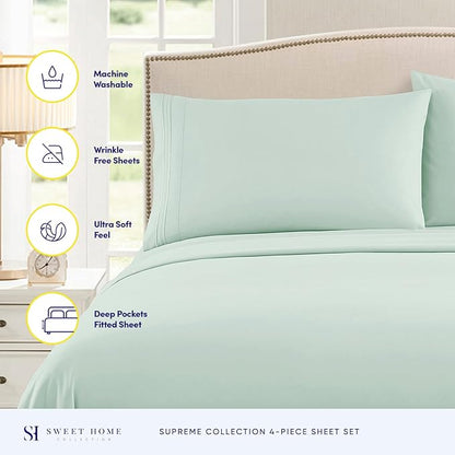 RV Queen Bed Sheets - Breathable Luxury Sheets with Full Elastic & Secure Corner Straps Built In - 1800 Supreme Collection Extra Soft Deep Pocket Bedding Set, Sheet Set, RV Short Queen, Mint