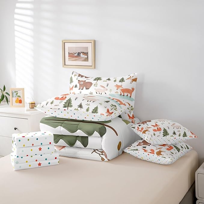 Feelyou Cartoon Animals Comforter Set 7 Pieces Queen Size Cute Zoo Bear Fox Rabbit Bedding Set for Boys Girls Nature Bed in a Bag with Comforter, Sheets, Pillowcases & Cushion Covers