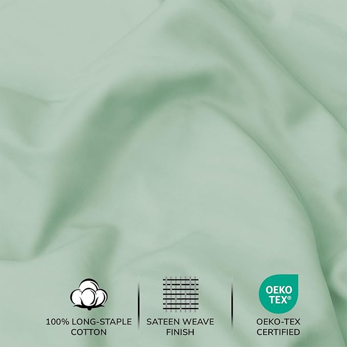 Feather & Stitch 500 TC Queen Size 4pc Damask Bed Sheet Set, 100% Soft Cotton Breathable Bedsheets, 18" Deep Pockets Sateen Weave Striped Bedding Mattress Resort Hotel Luxury Decor - (Soft Sage)
