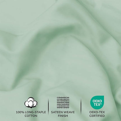Feather & Stitch 500 TC California King Size 4pc Damask Bed Sheet Set, 100% Soft Cotton Breathable Bedsheets, 18" Deep Pockets Sateen Weave Striped Bedding Mattress - (Soft Sage)