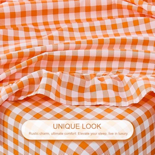 Gingham Twin Sheet Set, Lightweight Super Soft Brushed Microfiber Plaid Fall Bed Sheets with 16" Deep Pocket, 3 Piece Ruffle Farmhouse Bedroom Decor, Orange