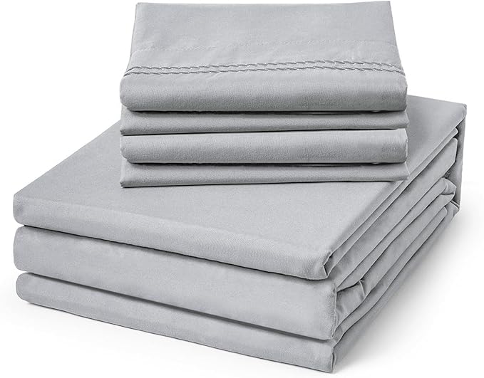 ClevaHome Sheets Twin Size Bed Set - 4 Piece Soft Breathable Luxury Bed Sheet Set - Shrinkage & Fade Resistant Embroidered Bedding Sheet with Deep Pocket, 2 Extra Pillowcases (Twin, Misty Grey)