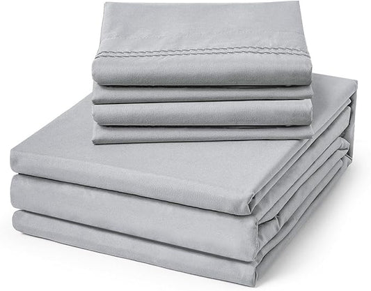 ClevaHome Full Size Sheet Set - 6 Piece Soft Breathable Luxury Bed Sheet Set - Shrinkage & Fade Resistant Embroidered Bedding Sheet with 14-inch Deep Pocket, 2 Extra Pillowcases (Full, Misty Grey)