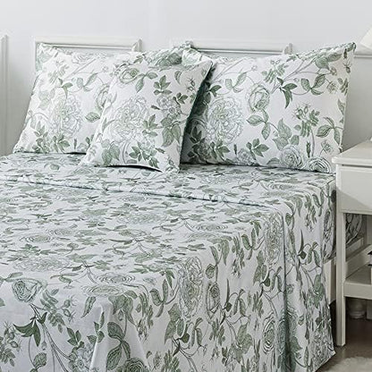 FADFAY Sheets Set Twin Vintage White and Green Floral Bedding Elegant Peony Sheets Set Shabby Rose Farmhouse Bedding 100% Egyptian Cotton 800 Thread Count Deep Pocket Fitted Sheet 4Pcs, Twin Size