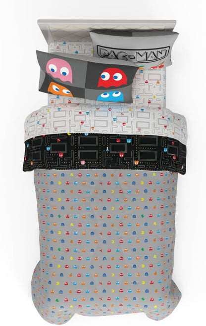 Pac-Man Gaming 5 Piece Super Soft Cozy Reversible Comforter and Sheet Set with Sham, Twin, (Officially Licensed Product) By Franco