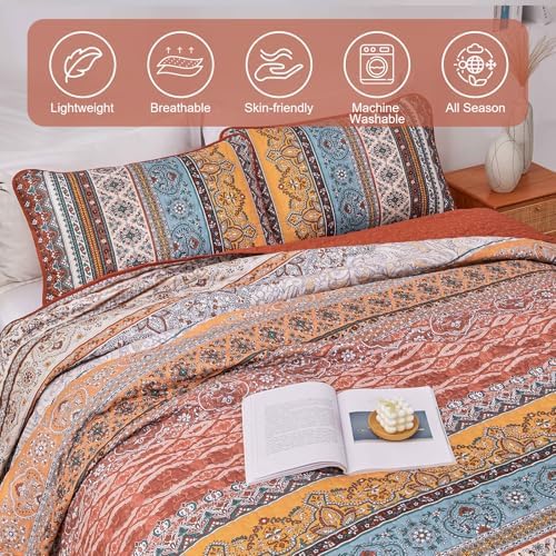 WONGS BEDDING Boho Quilt Queen Size,3 Pcs Bedspread Set, Burnt Orange