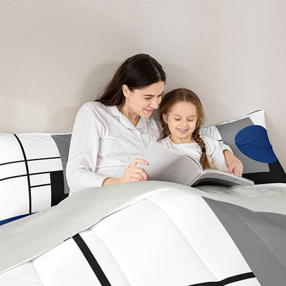 Erosebridal White Black Blue Striped Bedding Set Full Size Boho Modern Geometric Abstract Comforter Set for Adult Women Men Stripes Lines Bed Sets Minimalist Square and Circle Quilt Sets