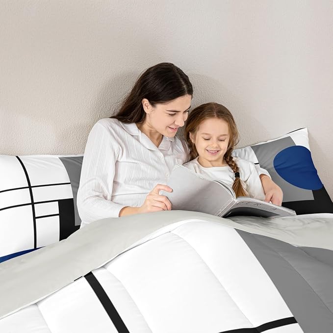 Erosebridal White Black Blue Striped Toddler Comforter Boho Modern Geometric Abstract Bedding Set Stripes Lines Duvet Insert Minimalist Square and Circle Bed Sets