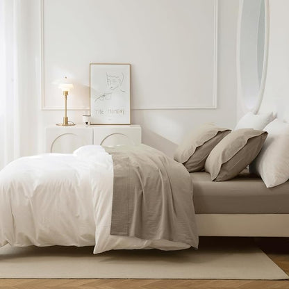 JIYUAN Twin Size Sheet Set, 3-Piece - 100% Washed Cotton, Linen-Like Soft & Breathable, Includes Deep Pocket Fitted & Flat Sheet with 1 Pillowcases, Hotel Quality, Solid Khaki