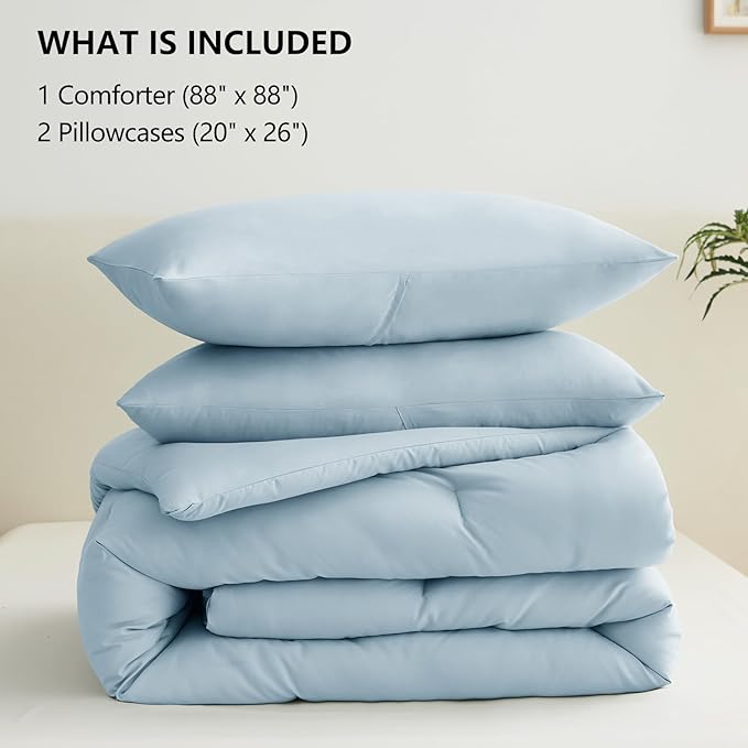 CozyLux Queen Comforter Set Light Blue, 3 Pieces Solid Comforters Queen Size Breathable Bedding Sets, Luxury Soft Lightweight Bed Set with Down Alternative Comforter and 2 Pillowcases for All Seasons