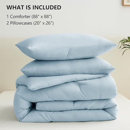 CozyLux Queen Comforter Set Light Blue, 3 Pieces Solid Comforters Queen Size Breathable Bedding Sets, Luxury Soft Lightweight Bed Set with Down Alternative Comforter and 2 Pillowcases for All Seasons