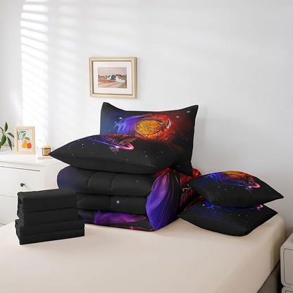 Erosebridal Gothic Dragon Dream Catchers Bed in a Bag Queen Comforter Set 7 Piece,Red Blue Galaxy Bohemian Feather Bedding Sets Antique Animal Pterosaur Sheet Set with Comforter