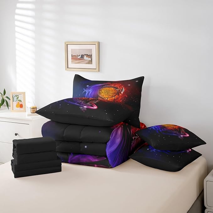 Erosebridal Gothic Dragon Dream Catchers Comforter Set 7 Piece Bed in a Bag Twin,Red Blue Galaxy Bohemian Feather Bedding Sets Antique Animal Pterosaur Sheet Set with Comforter
