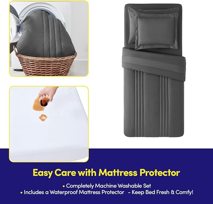 Dorm Room Essentials Twin XL Comforter Set – College-Ready Bundle with Comforter, Mattress Protector & Sheets with Pockets on the Side & Built-in Corner Strap – Media Pocket for Devices