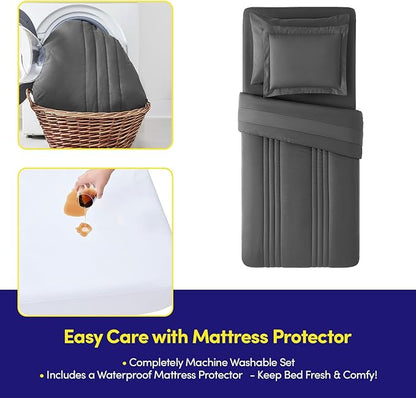Dorm Room Essentials Twin XL Comforter Set – College-Ready Bundle with Comforter, Mattress Protector & Sheets with Pockets on the Side & Built-in Corner Strap – Media Pocket for Devices