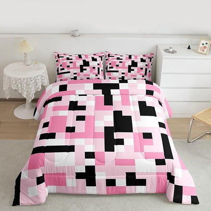 Manfei Pixelated Miners Kid Comforter Set Full Size,Video Game Game Gamepad Bedding Set,Boy Room Decor,Geometric Grid Square Quilt Comforter,Black Pink White Duvet Set Bedroom Quilt Set,2 Pillowcases