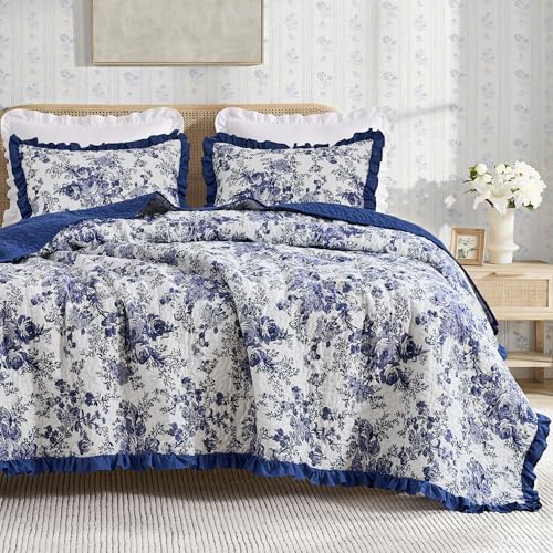 Wonderful Blue Floral Ruffle Quilt Set King Size, 3 Pieces Botanical Cotton Face Shabby Chic Cottagecore Bedspread Coverlet, Breathable Bedding Set for All Season, 104"x90"