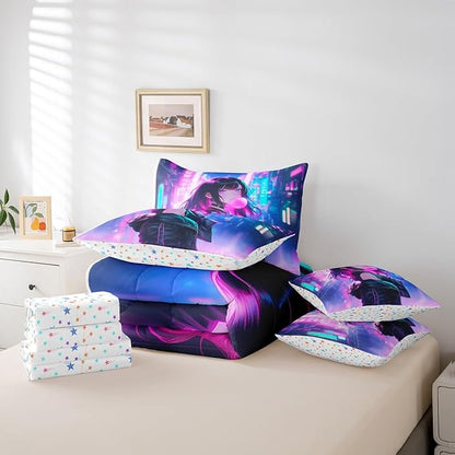 Erosebridal 7 Piece Anime Girl Comforter Set with Sheet Twin Size, Kawaii Japanese Anime Bedding Set for Kids Boys Teens Adult Women, Cartoon Girl Bed in a Bag Japan Animation Bedroom Decor