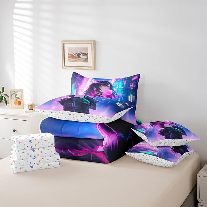 Erosebridal 7 Piece Anime Girl Comforter Set with Sheet Queen Size, Kawaii Japanese Anime Bedding Set for Kids Boys Teens Adult Women, Cartoon Girl Bed in a Bag Japan Animation Bedroom Decor
