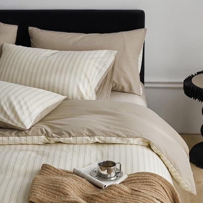 Nayoroom Beige Striped Duvet Cover Queen Size 100% Washed Cotton Duvet Cover Linen Like Textured, Reversible 3 Pieces Soft Breathable Yarn-Dyed Stripe Girls Dorm Bedding Set for All Seasons