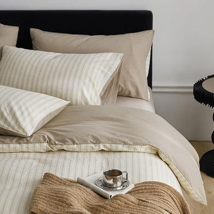 Nayoroom Beige Striped Duvet Cover Queen Size 100% Washed Cotton Duvet Cover Linen Like Textured, Reversible 3 Pieces Soft Breathable Yarn-Dyed Stripe Girls Dorm Bedding Set for All Seasons