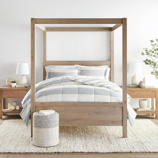 LINENS & HUTCH Comforter Set Patterned Microfiber All Season Down-Alternative Ultra Soft Bedding in Distressed Stripe - Twin/TwinXL Distressed Stripe Light Blue