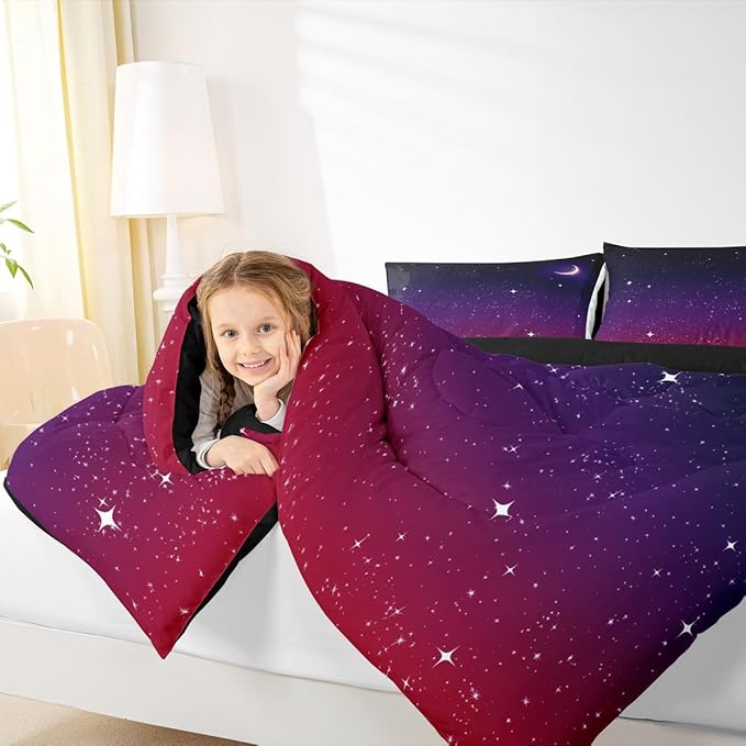 Erosebridal Purple Galaxy Comforter Queen Size Moon Star Comforter Set Night Starry Sky Bedding Sets Reversible Space Nebula Cosmos Aesthetic Quilt Bedding for Kids Adults 2 Pillow Cases
