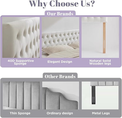 Tufted Upholstered Queen Size Bed Headboard in Modern Button Design, Adjustable Solid Wood Head Board, Premium Velvet Fabric Padded Headboards in Bedroom (White)