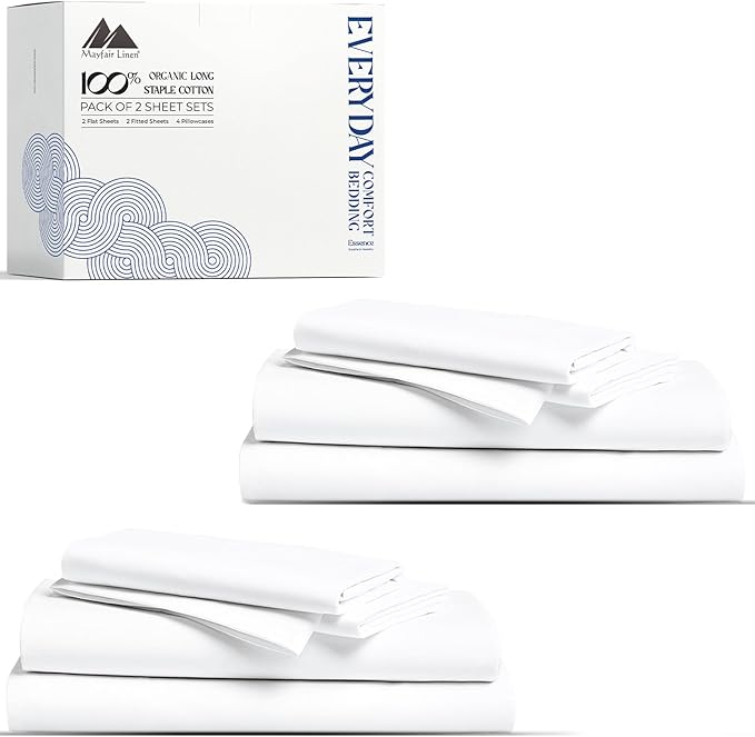 Mayfair Linen 100% Organic Cotton Percale Sheets Full Size Pack or 2 - Soft & Crisp Organic Cotton Sheets Full Size (8 PC, White), Fully Elasticized Eco Friendly Naturally Cooling Percale Sheet Set