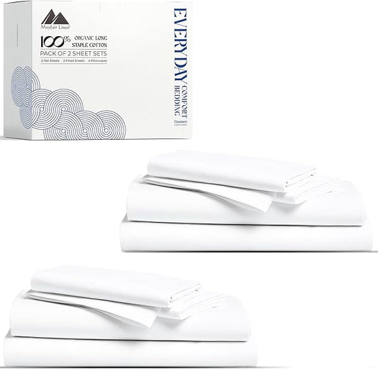 Mayfair Linen 100% Organic Cotton Percale Sheets Full Size Pack or 2 - Soft & Crisp Organic Cotton Sheets Full Size (8 PC, White), Fully Elasticized Eco Friendly Naturally Cooling Percale Sheet Set