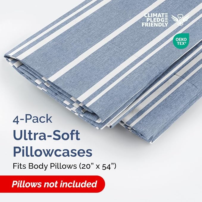 Body Pillowcases Set of 4-20x54 Long Body Pillow Case - Soft Body Pillow Cover for Sleeping & Side Sleepers - Comfy Breathable & Fade Free - Machine Washable w/Envelope Enclosure - (Blue Stripes)