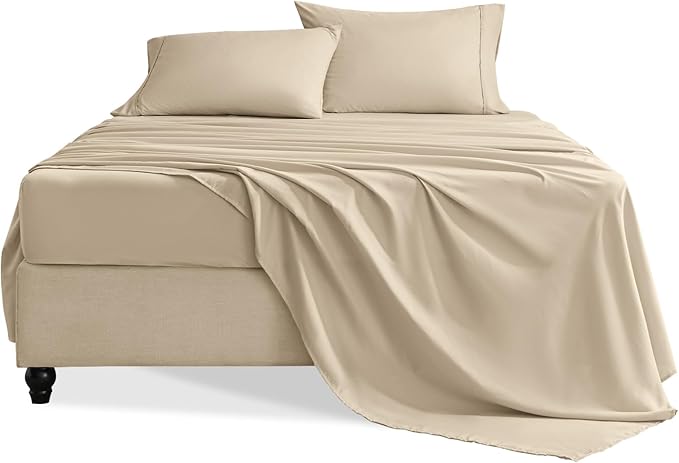Full Size Bed Sheets Set, 4 Pieces Hotel Luxury Soft Microfiber Bed Sheets Set, Up to 16" Deep Pockets, Oeko-Tex Sheets with Elastic, Breathable, Wrinkle Free (Beige, Full)