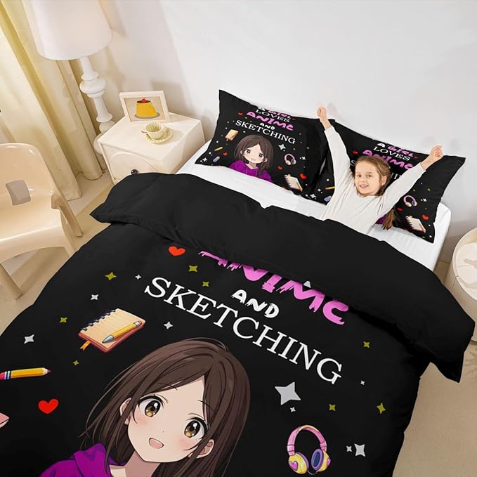 Erosebridal Japanese Girl Bedding Set Anime Cartoon Full Down Comforter Japanese Style Girly Black Comforter Set Aesthetic Cool Anime Modern Art Quilt Set for Kids Bedroom Decor