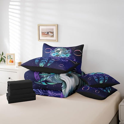 Unicorn 7 Piece Comforter Set Full Bed in a Bag,Dream Catchers Feather Bedding Sets Dreamy Horse Animal Sheet Set with Comforter