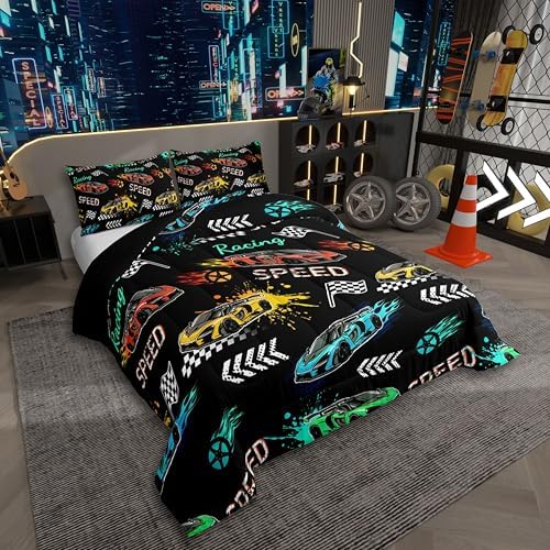 Erosebridal Cartoon Sports Car Comforter for Kids Boys Girls,Colorful Racing Car Toddler Bedding Set,Extreme Sport Games Duvet Insert,Cool Speed Cars Quilt Bedroom Decor