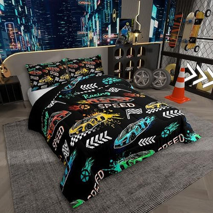 Erosebridal Cartoon Sports Car Comforter for Kids Boys Girls,Colorful Racing Car Toddler Bedding Set,Extreme Sport Games Duvet Insert,Cool Speed Cars Quilt Bedroom Decor