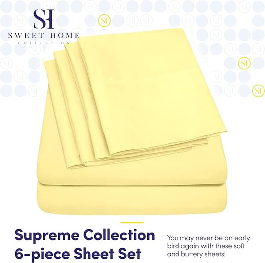RV Queen Sheets Pale Yellow - 6 Piece 1500 Supreme Collection Fine Brushed Microfiber Deep Pocket Queen Sheet Set Bedding - 2 Extra Pillow Cases, Great Value, RV Short Queen, Pale Yellow