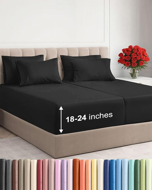 Extra Deep Split King Sheet Set - 7 Piece Breathable and Cooling Sheets - Hotel Luxury Bedding for Women, Men, Kids & Teens - Easy Secure Fit - Soft, Wrinkle Free & Comfy - Extra Deep Pockets - Black