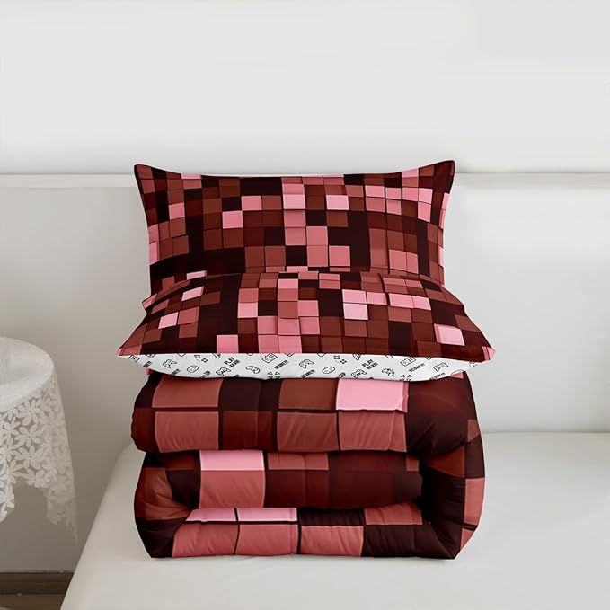 Miners Pixel Checked Kids Bedding Set King Size,Video Games Check Lattice Comforter Set，Game Cartoon Gamepad Quilt Comforter,Dark Red Bedroom Duvet Insert,2 Pillowcases