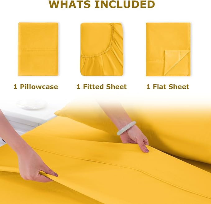 Twin XL Size Bed Sheet Set - 3 Piece Soft Microfiber Sheets with Deep Pockets, Cooling Technology, and Wrinkle-Free Pillowcase. Hotel-Quality, Durable Bedding, Spectra Yellow
