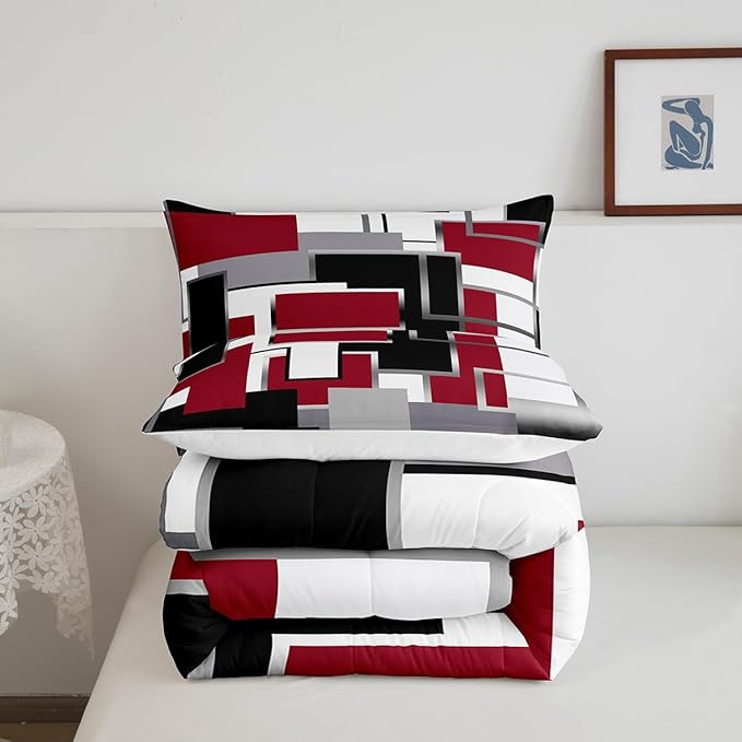 Erosebridal Modern Comforter Set Twin Size,Black White Red Bedding Set for Teens Youth Adult,Geometric Plaid Square Quilt Set,Contemporary Artwork Duvet Insert with 1 Pillowcase