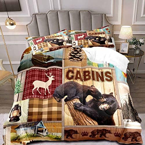 LUVIVIHOME 2PCS Rustic Cabin Comforter Set Twin Size, Bear Bedding Sets, Elk Deer Forest Woodland Animals Wildlife Hunting Country Farmhouse Red Buffalo Plaid Lodge Patchwork Quilt, 1 Pillow Sham