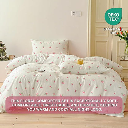 Floral Comforter Set Queen Size - 3 Pieces Pink White Floral Comforter Bedding Sets Tulips Pattern,Queen Bed in a Bag with Heart Comforter and 2 Pillowcases
