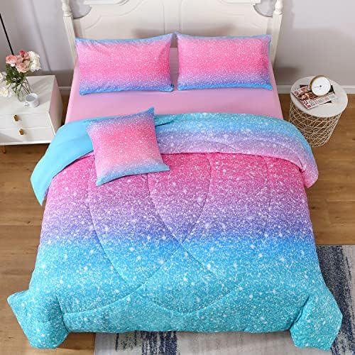 JQinHome Glitter Comforter Set Queen Size, 6 Piece Bed in A Bag 3D Colorful Duvet Pink Blue Bedding Set for Girls Women (1 Comforter,2 Pillowcases,1 Flat Sheet,1 Fitted Sheet,1 Cushion Cover)