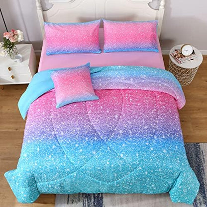 JQinHome Glitter Comforter Set Queen Size, 6 Piece Bed in A Bag 3D Colorful Duvet Pink Blue Bedding Set for Girls Women (1 Comforter,2 Pillowcases,1 Flat Sheet,1 Fitted Sheet,1 Cushion Cover)