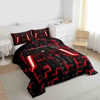 Erosebridal Gamer King Bedding Sets for Boys Geometric Gaming Kids Comforter Red and Black Checkered Gamepad Comforter Set for Teen Men,Video Game Bed Set Neon Lights Game Controller for Boys Room