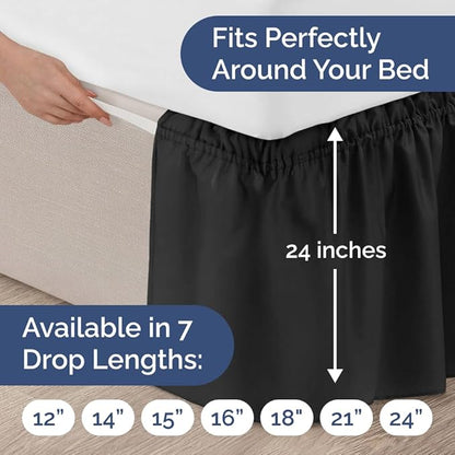 Wrap Around Dust Ruffle Bed Skirt - Black - for Full Size Beds with 24 Inch Drop - Easy Fit Elastic Strap - Adjustable Pleated Bedskirt w/Brushed Fabric - Wrinkle Free - for Women, Men, Kids & Teens