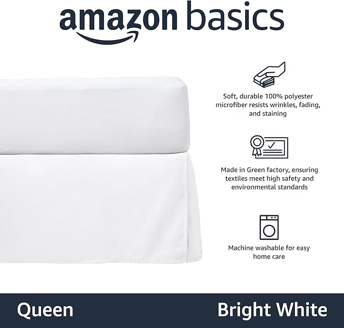 Amazon Basics Lightweight Pleated Wrinkle Resistant Fade Resistant Bed Skirt, Machine Washable, 16-Inch Drop, Queen, Bright White